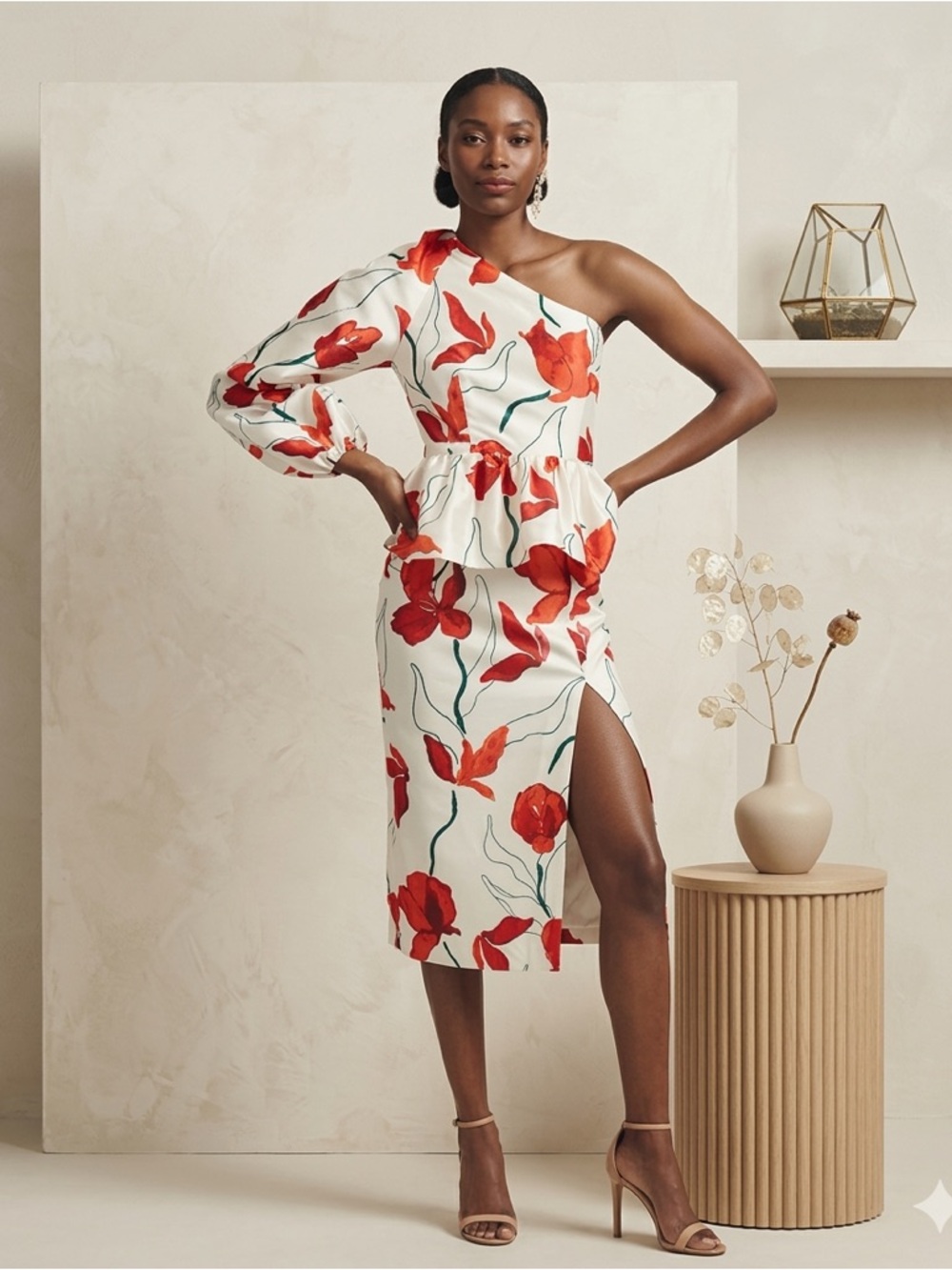 Hutch One Shoulder Floral Peplum Dress Off White Red Size 6 NWT